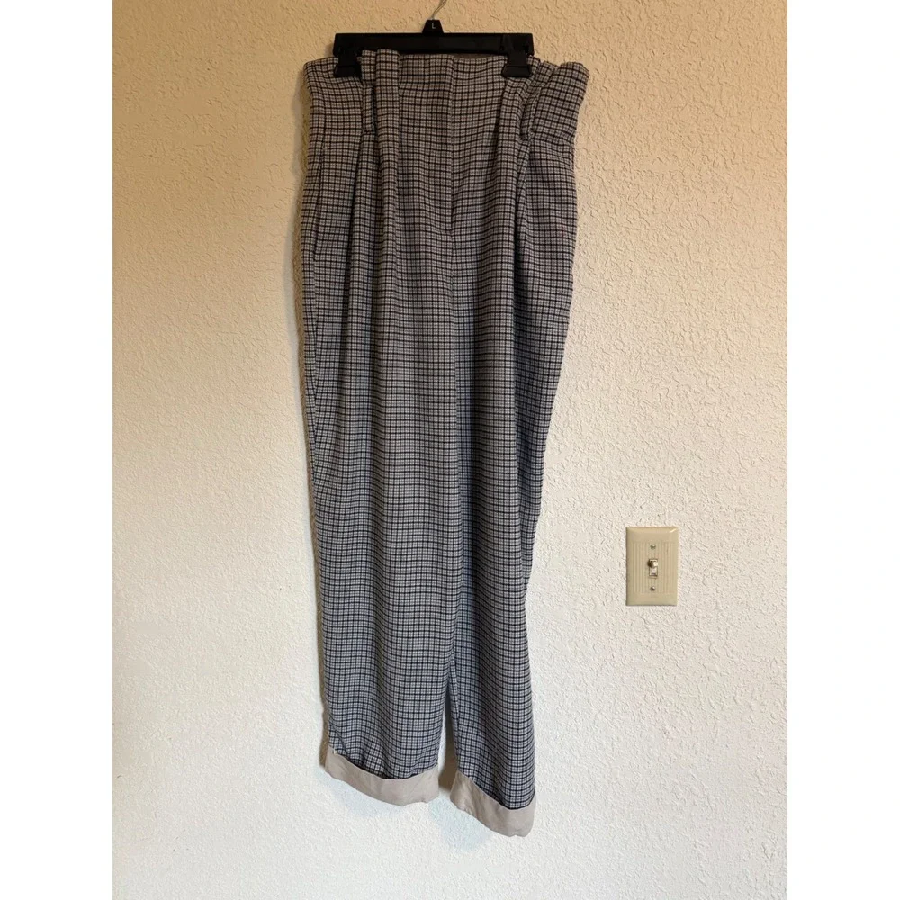 Zara Houndstooth High Waisted Pleated Trousers Black Tan Linen Blend Small 26